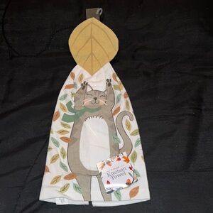 WT Gray Kitty Fall Leaves Harvest Kitchen hanging Towel (16x16in)